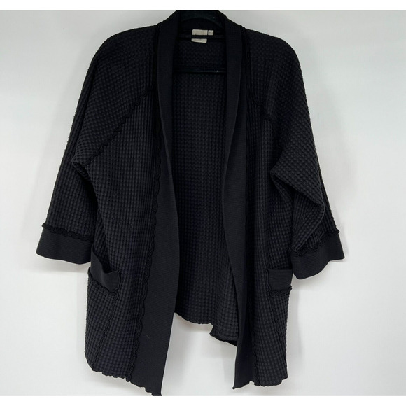 Focus Sweaters - Focus Cardigan Women Sz M Black Waffle Knit Open Front 3/4 Sleeve Lagenlook